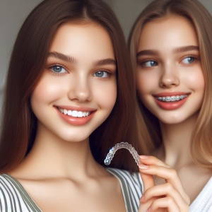 Invisalign cost Calgary, smiling teens with Invisalign aligners and metal braces