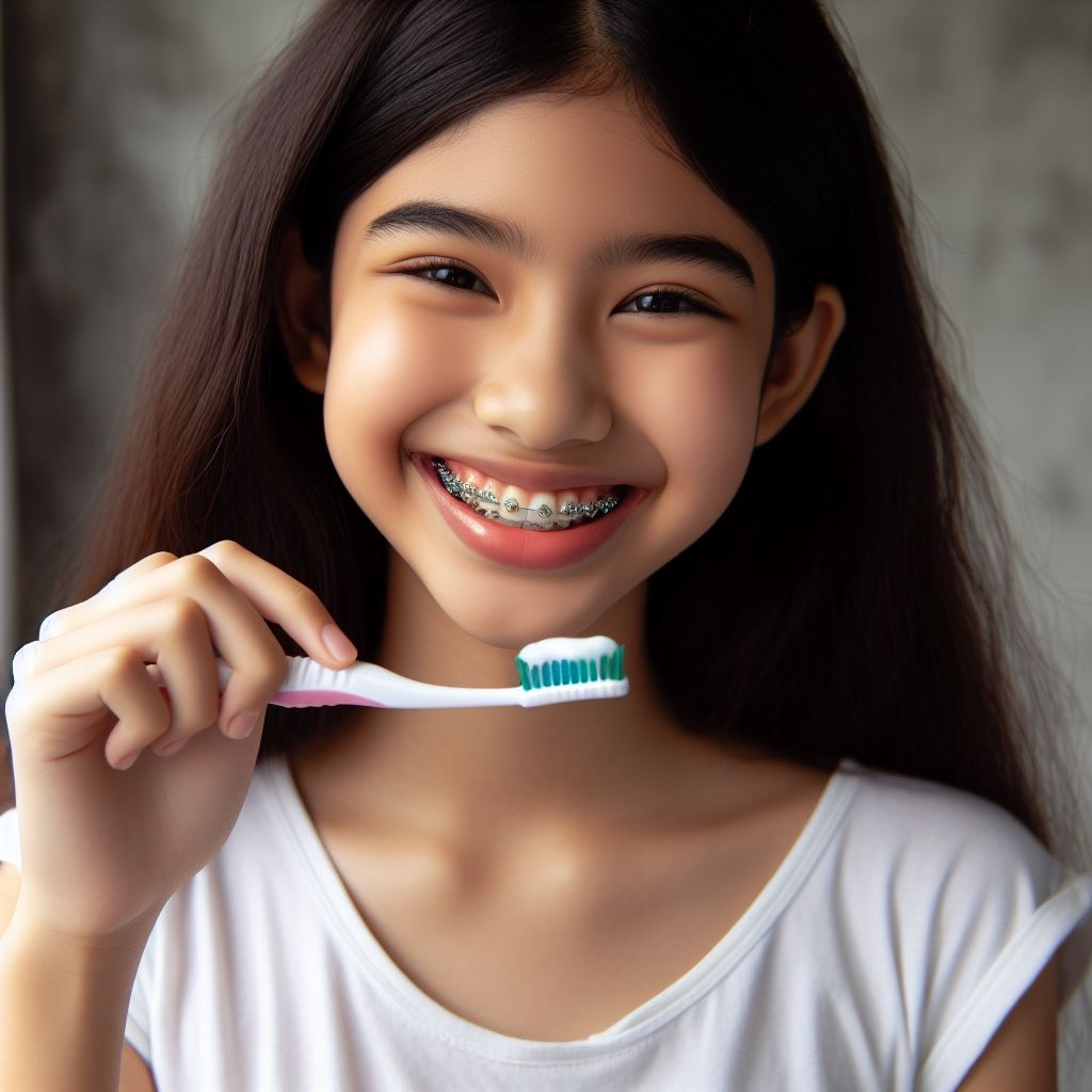 teen girl with traditional braces brushing her teeth