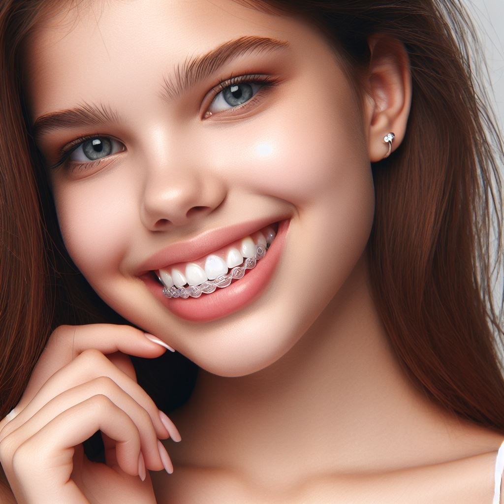 Invisalign's patented clear aligners on a teenage girl's teeth showing her new smile