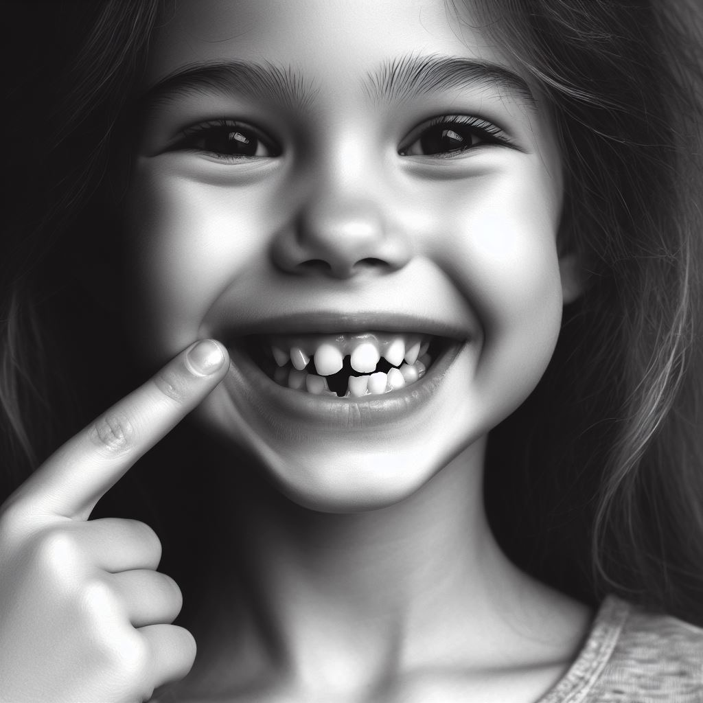 a young girl pointing at her teeth. Her parents used their flexible spending accounts to pay for her clear aligners