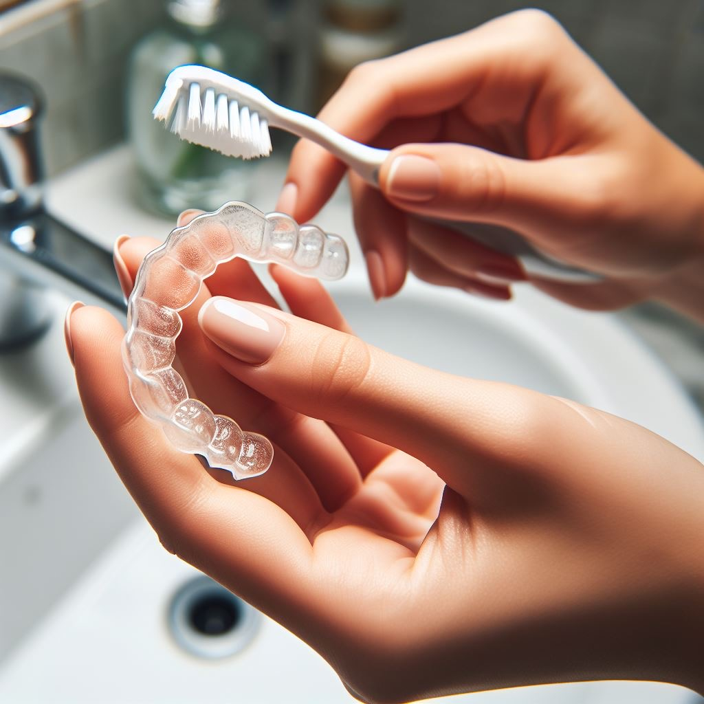 cleaning of invisalign clear aligners with a toothbrush. The Invisalign trays are in her hands.