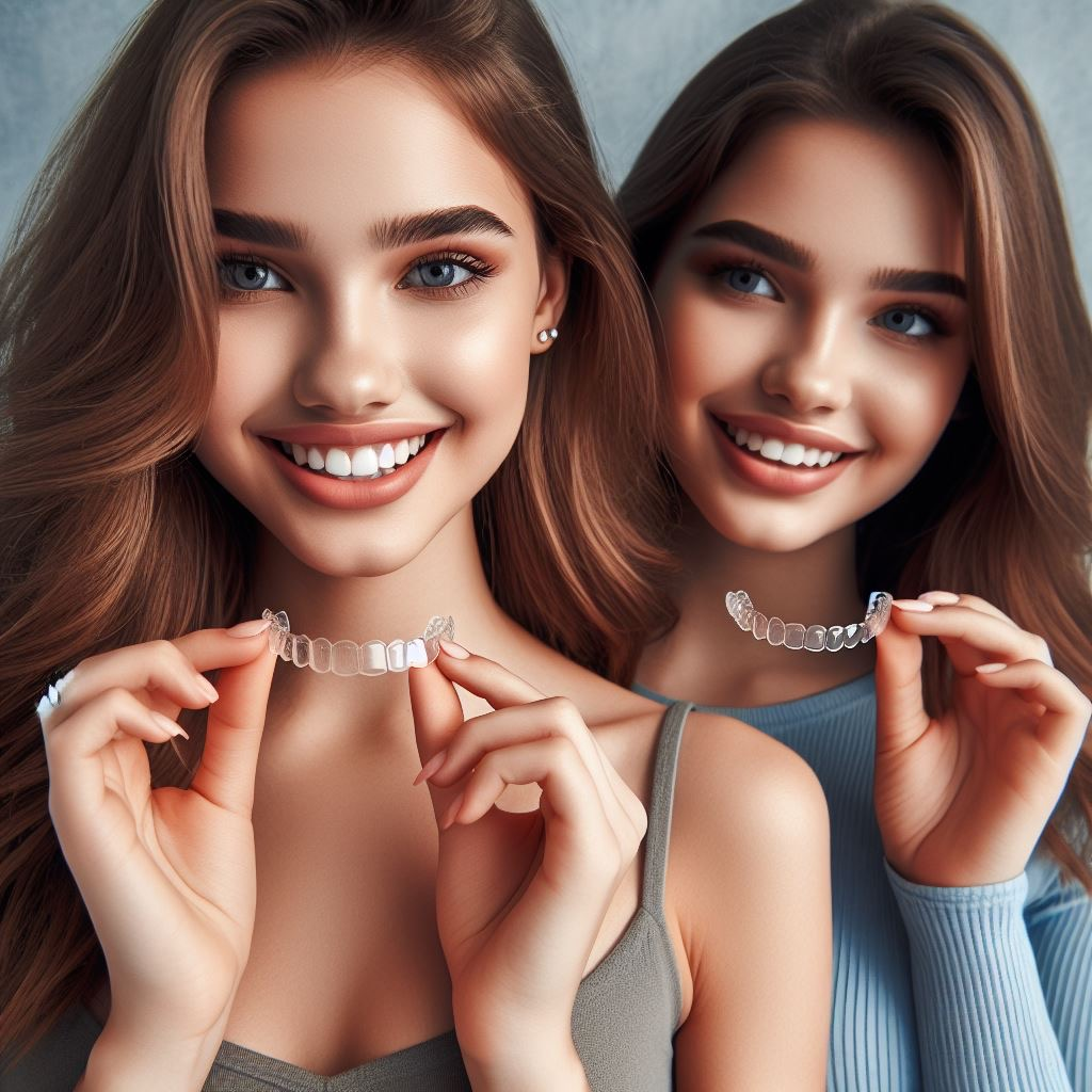 teen girls holding Invisalign clear aligners made with align technology