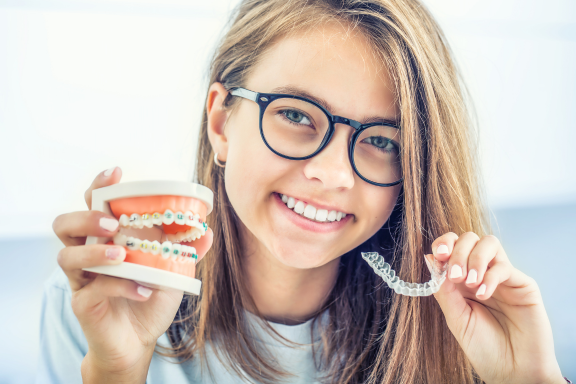 teen girl holding up a dental model with braces and a clear aligner