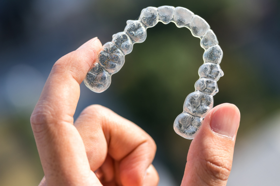 a hand holds up a clear orthodontic aligner used to straighten teeth 