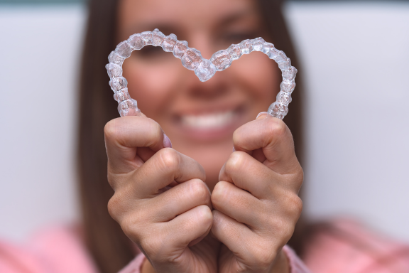 woman holding clear aligners in a heart shape