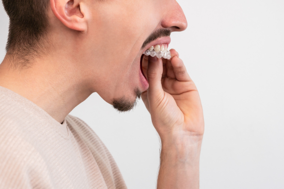 male patient inserts Invisalign tray fixing overbite