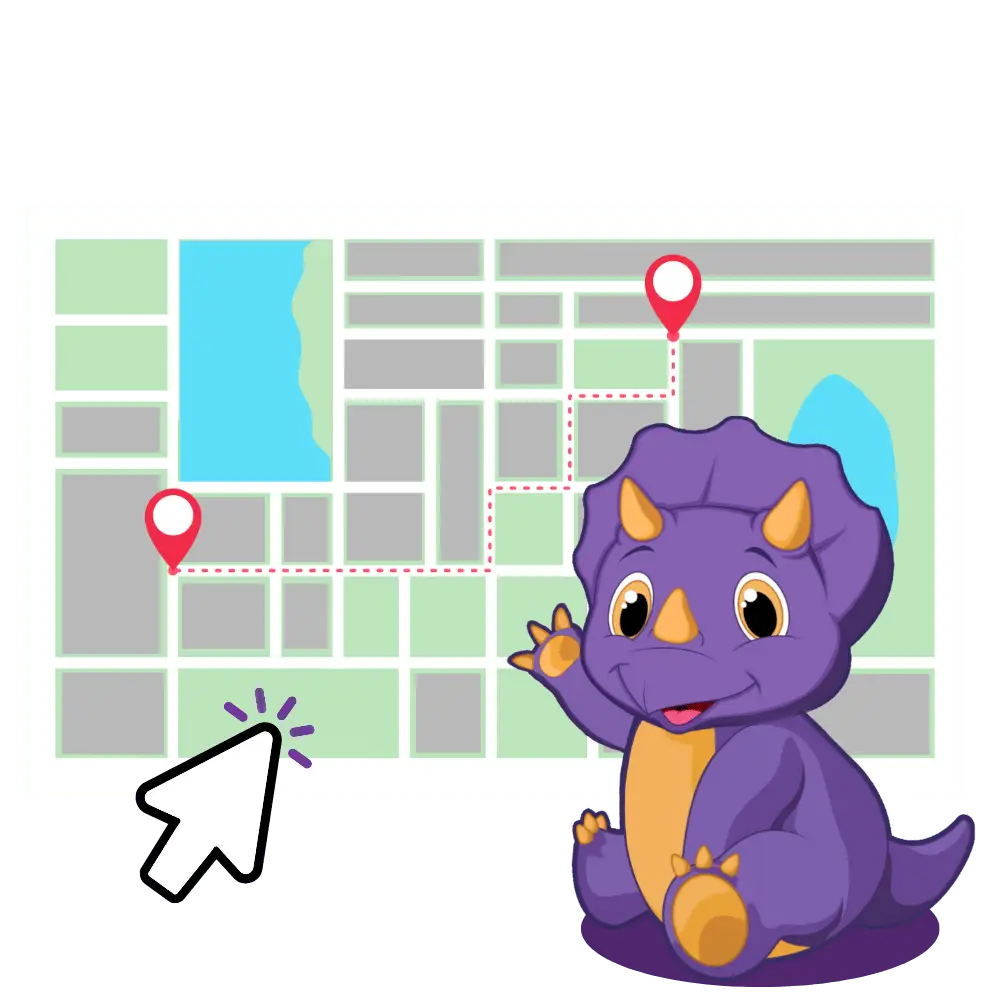 Impact dino sitting next to a cartoon map