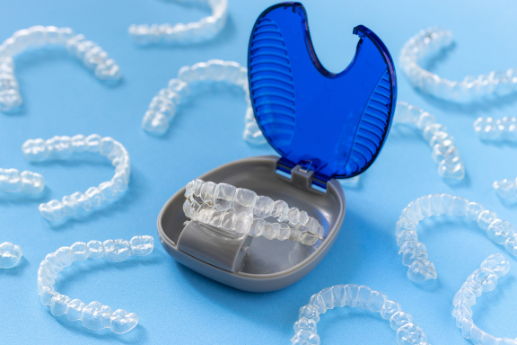 a counter holding an invisalign holder and multiple aligners