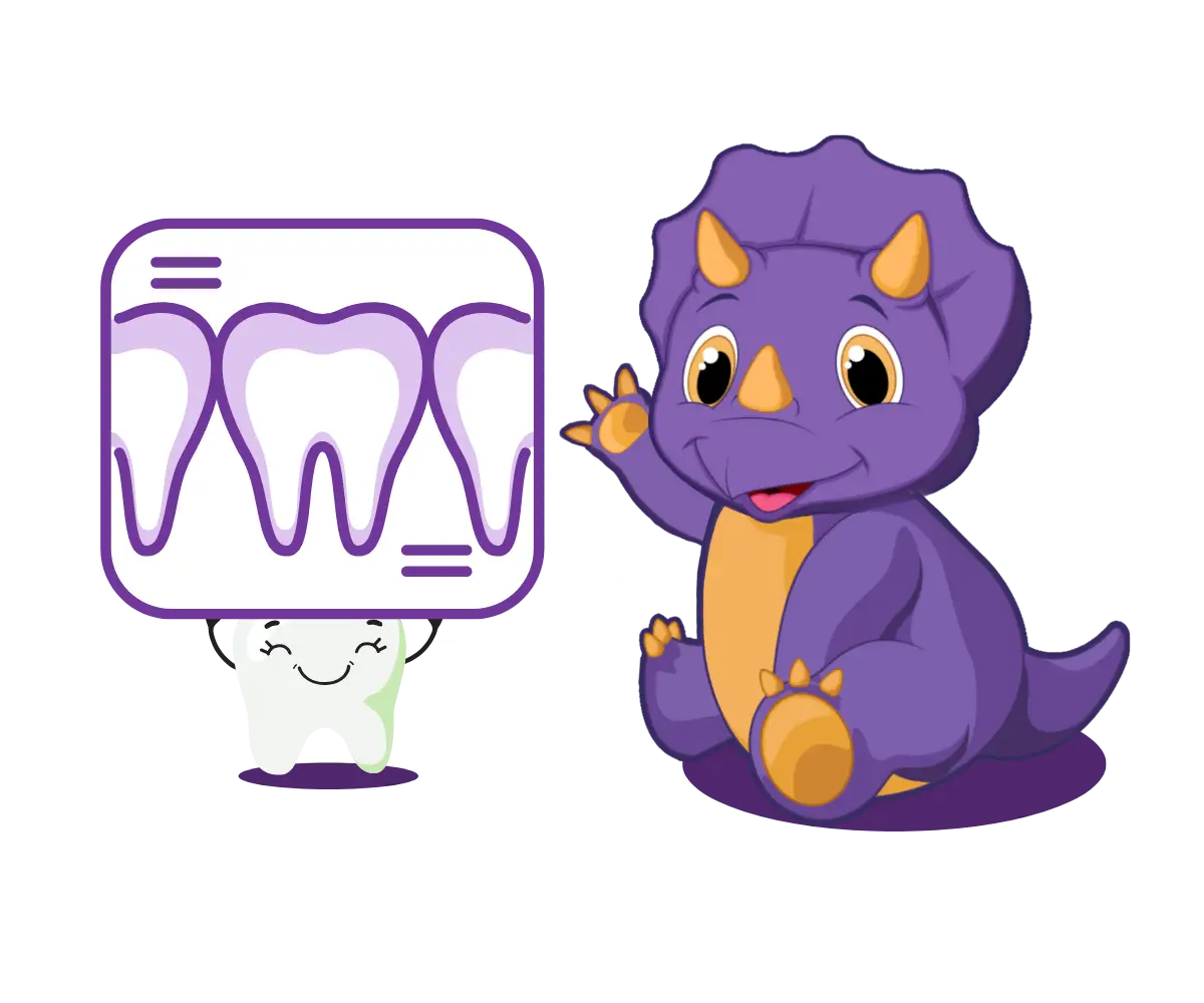 Impact dino next to a cartoon tooth holding up a dental x-ray