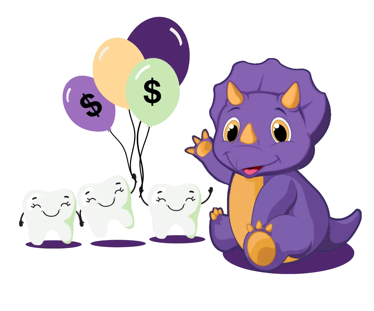 Impact dino waving next to 3 cartoon teeth holding up balloons with dollar signs