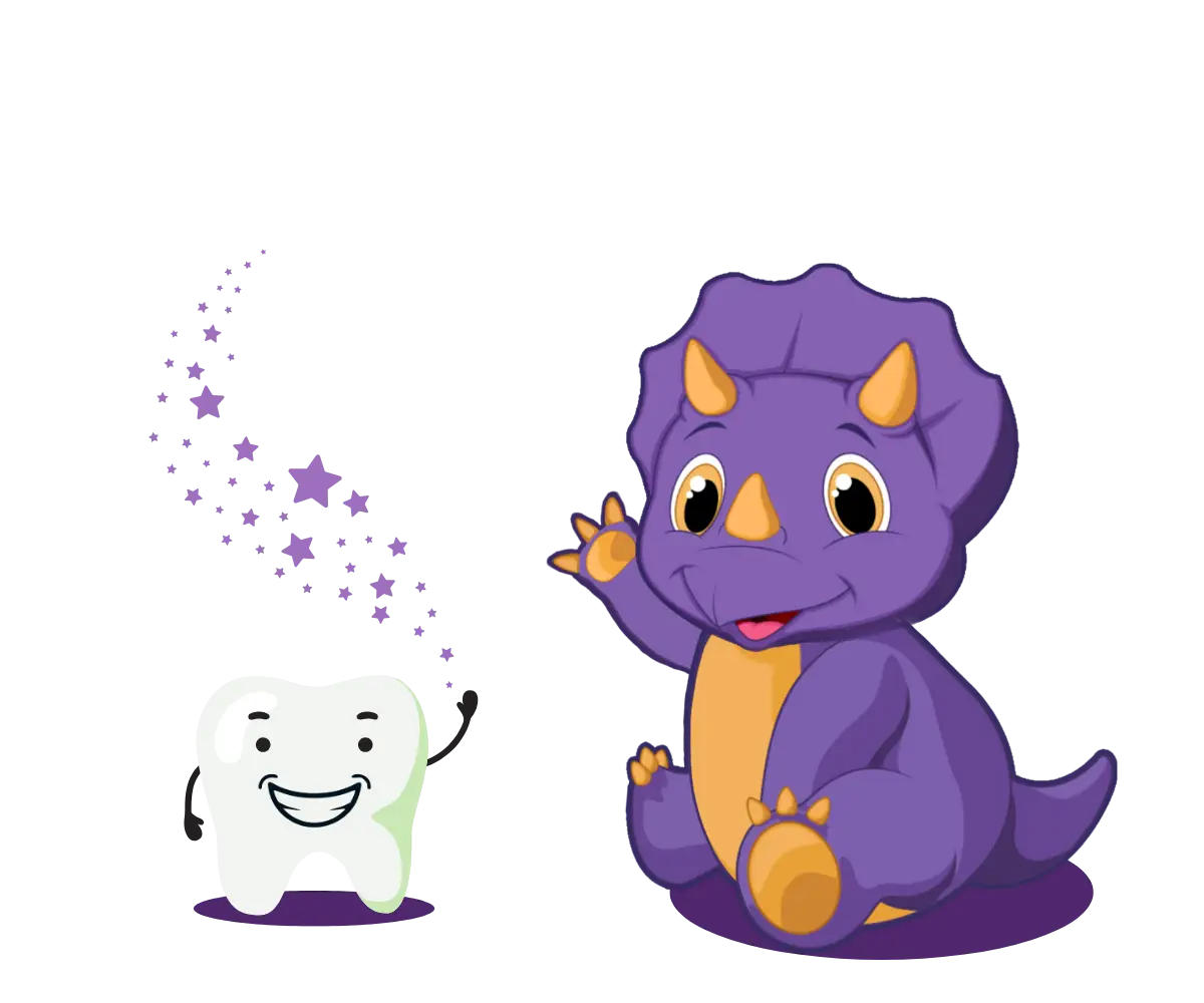 Impact dino with his buddy tooth waving a trail of stars