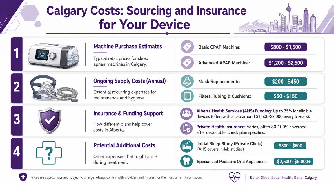 An infographic detailing the estimated costs, insurance coverage, and funding for sleep apnea machines in Calgary.