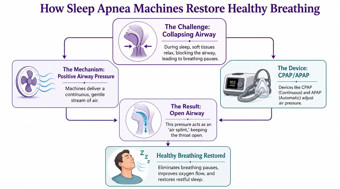 A diagram explaining how CPAP and APAP machines work to keep airways open during sleep apnea.