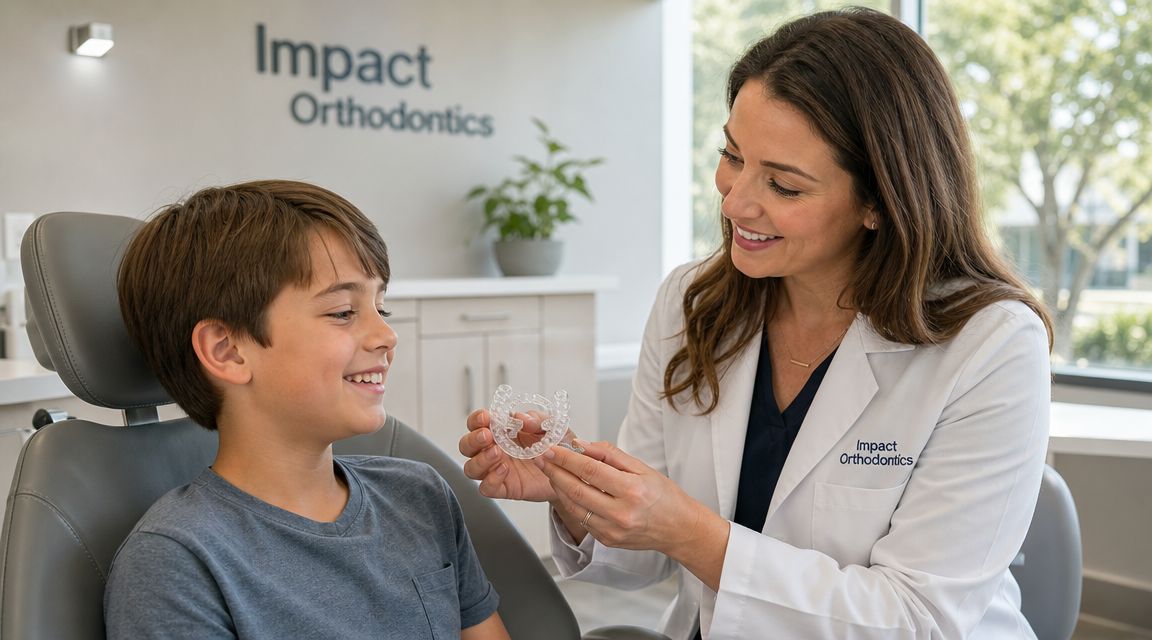A friendly orthodontist explains clear dental aligners to a smiling young patient at a Calgary clinic.