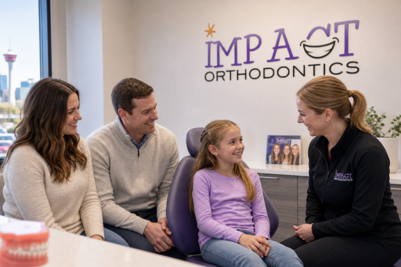 parents with their daughter finding out if their child needs Phase 1 orthodontic treatment
