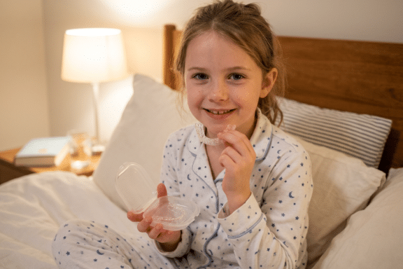 kid with a space maintainer at bedtime for early loss of baby teeth