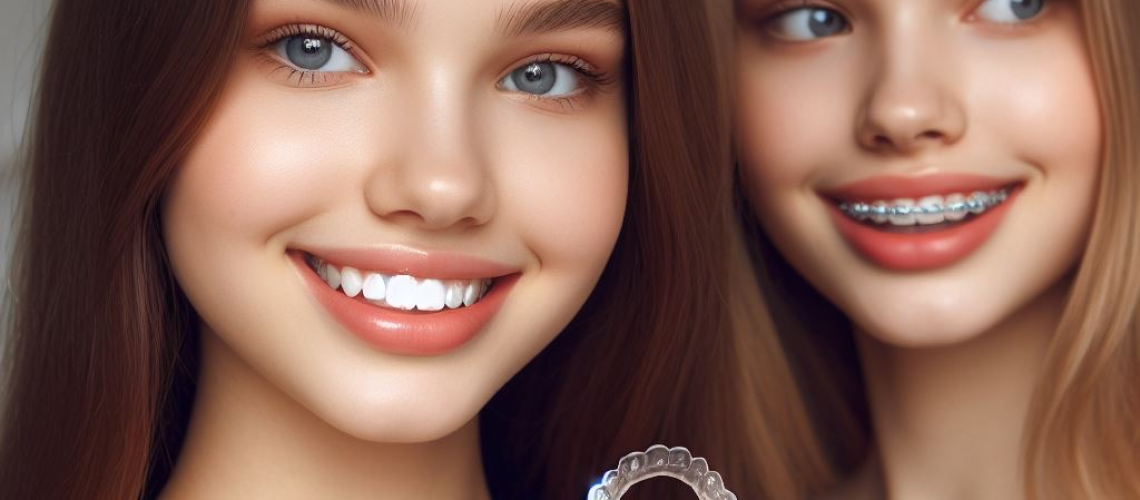 Invisalign cost Calgary, smiling teens with Invisalign aligners and metal braces